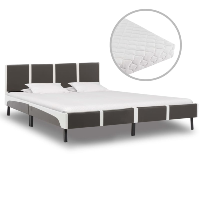 Bett mit Matratze Grau und Weiß Kunstleder 180 x 200 cm Bett mit Matratze Grau und Weiß Kunstleder 180 x 200 cm