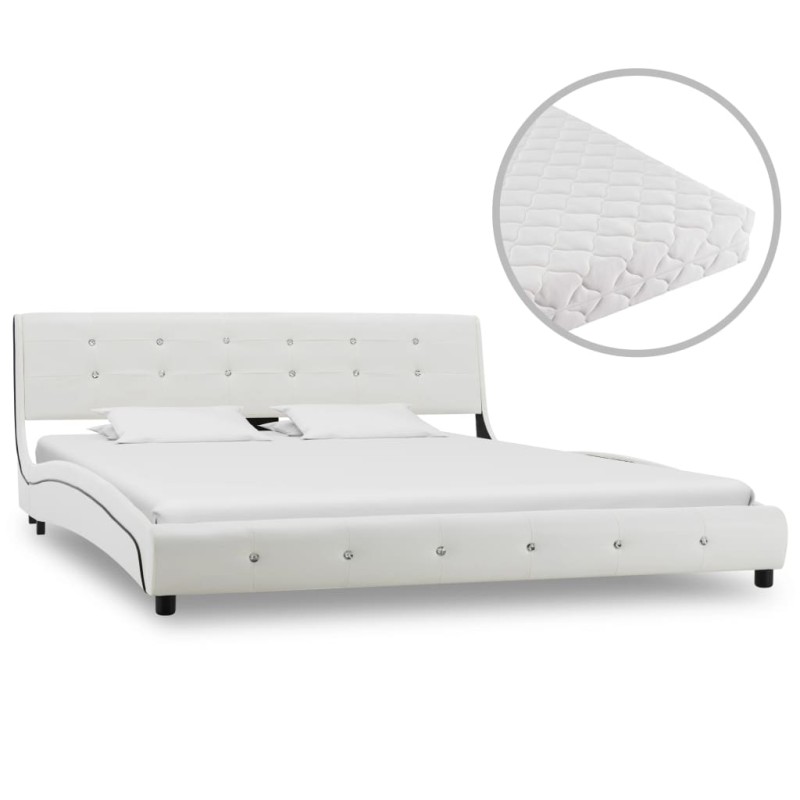 Bett mit Matratze Weiß Kunstleder 160 x 200 cm Bett mit Matratze Weiß Kunstleder 160 x 200 cm