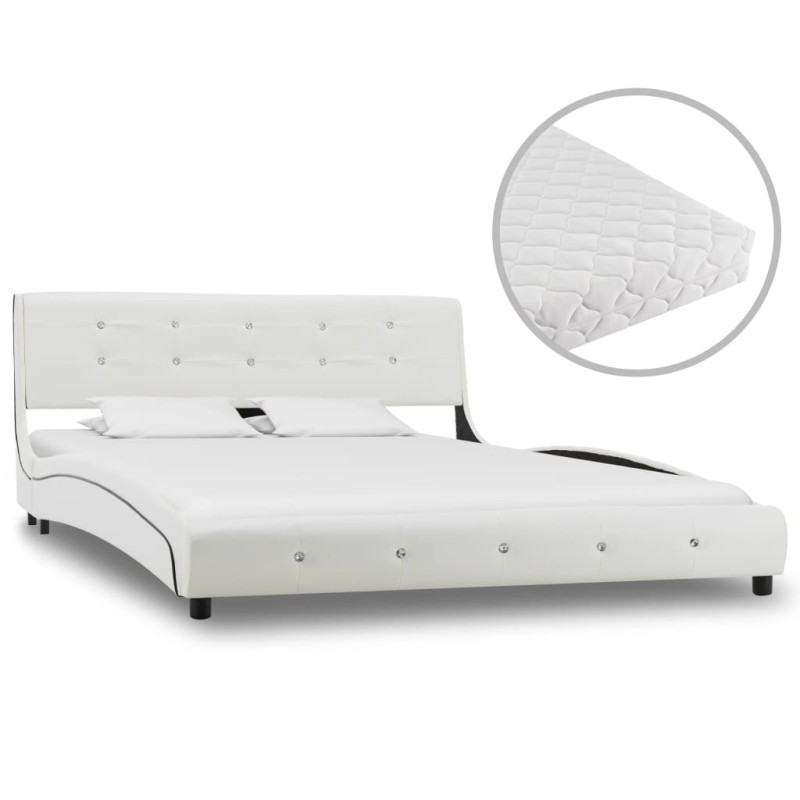 Bett mit Matratze Weiß Kunstleder 140 x 200 cm Bett mit Matratze Weiß Kunstleder 140 x 200 cm
