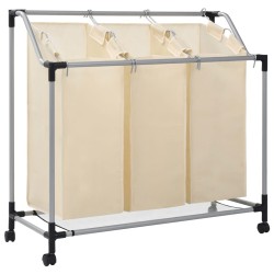 vidaXL Wäschekorb mit 3 Taschen Creme Stahl 