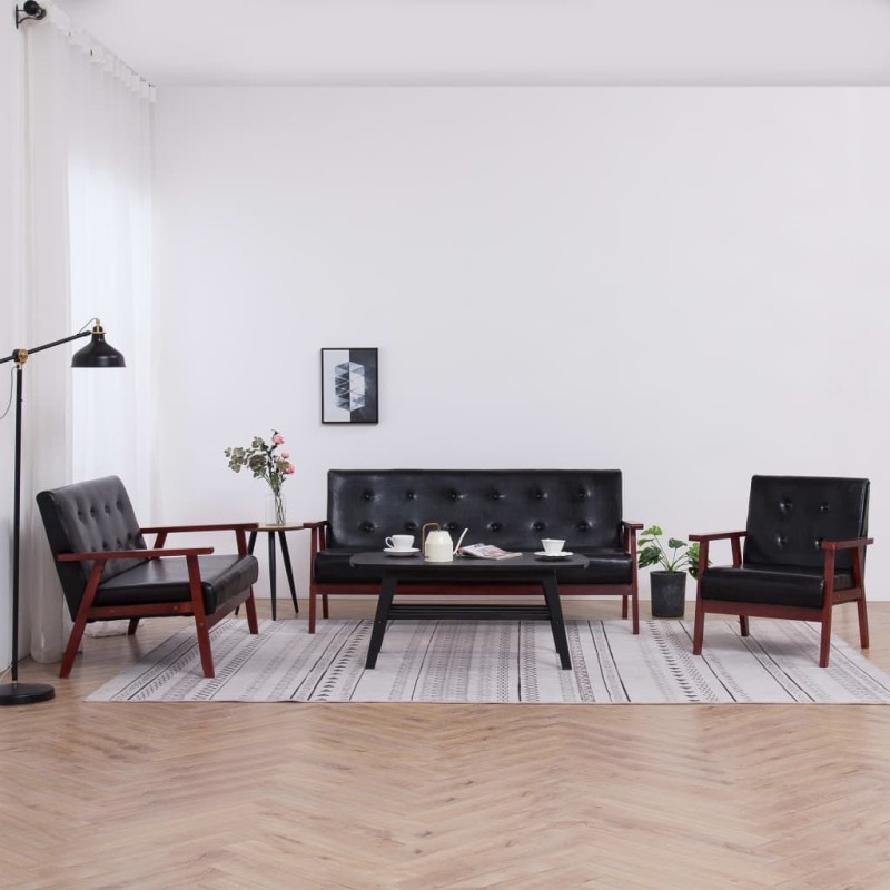 3-tlg. Sofagarnitur Schwarz Kunstleder 3-tlg. Sofagarnitur Schwarz Kunstleder