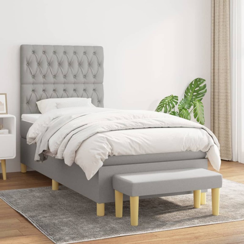 vidaXL Boxspringbett mit Matratze Hellgrau 100x200 cm Stoff vidaXL Boxspringbett mit Matratze Hellgrau 100x200 cm Stoff
