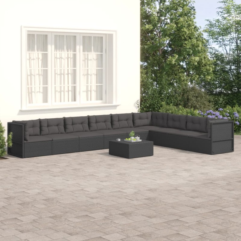 vidaXL 9-tlg. Garten-Lounge-Set mit Kissen Schwarz Poly Rattan vidaXL 9-tlg. Garten-Lounge-Set mit Kissen Schwarz Poly Rattan