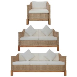 3-tlg. Sofagarnitur mit Auflagen Natur Rattan