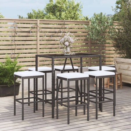 vidaXL 7-tlg. Gartenbar-Set mit Kissen Schwarz Poly Rattan