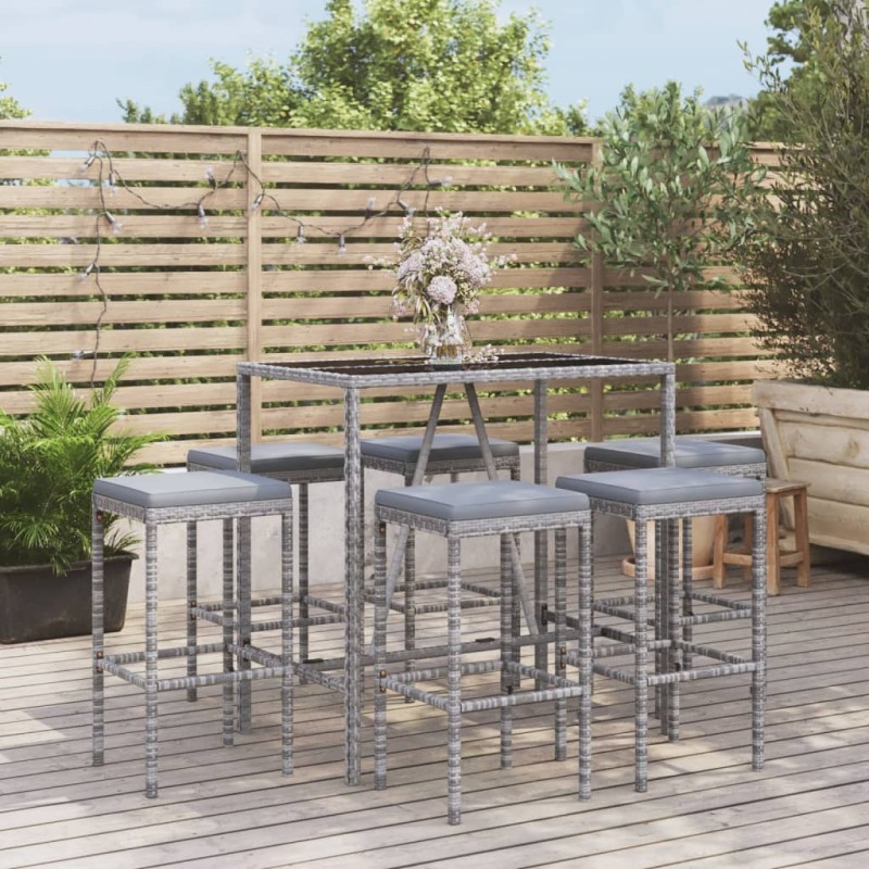 vidaXL 7-tlg. Gartenbar-Set mit Kissen Grau Poly Rattan vidaXL 7-tlg. Gartenbar-Set mit Kissen Grau Poly Rattan