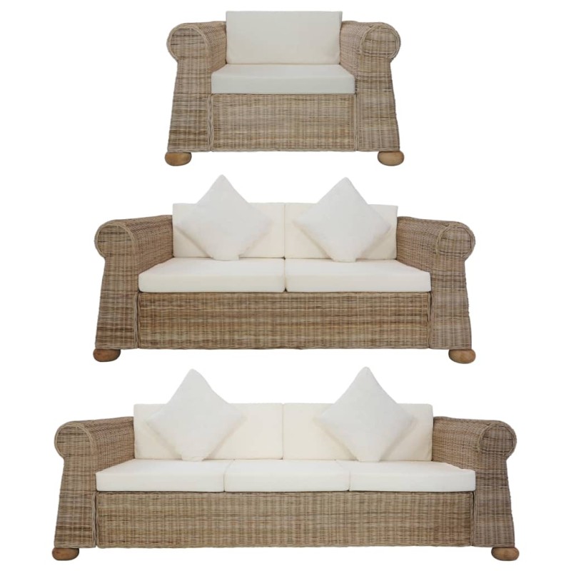 3-tlg. Sofagarnitur mit Kissen Natur Rattan 3-tlg. Sofagarnitur mit Kissen Natur Rattan