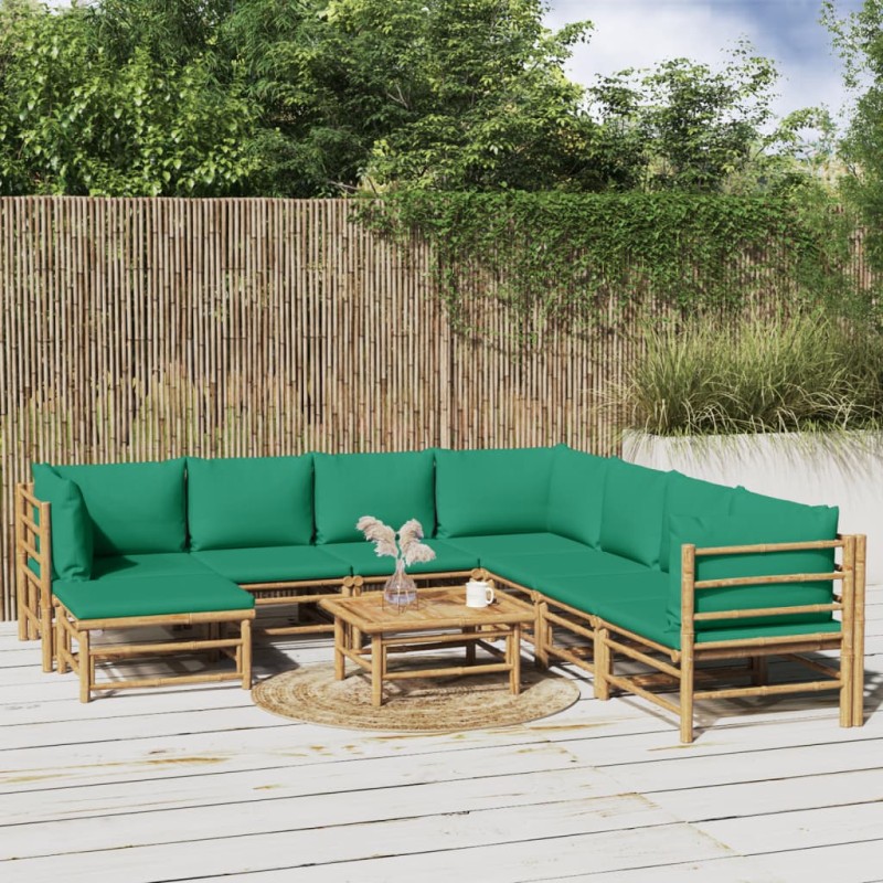 vidaXL 9-tlg. Garten-Lounge-Set mit Grünen Kissen Bambus vidaXL 9-tlg. Garten-Lounge-Set mit Grünen Kissen Bambus