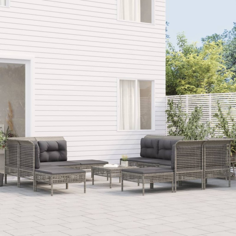 vidaXL 10-tlg. Garten-Lounge-Set mit Kissen Grau Poly Rattan vidaXL 10-tlg. Garten-Lounge-Set mit Kissen Grau Poly Rattan