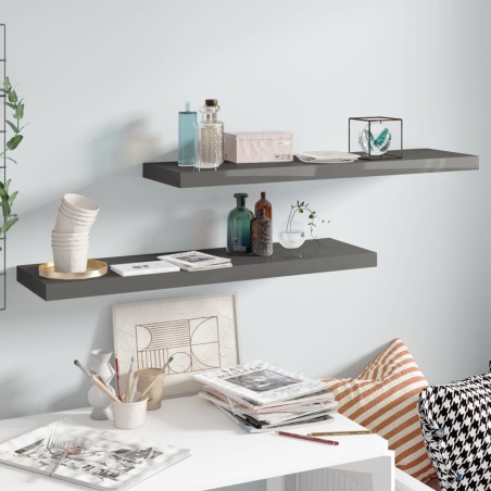 vidaXL Schweberegale 2 Stk. Hochglanz-Grau 90x23,5x3,8 cm MDF