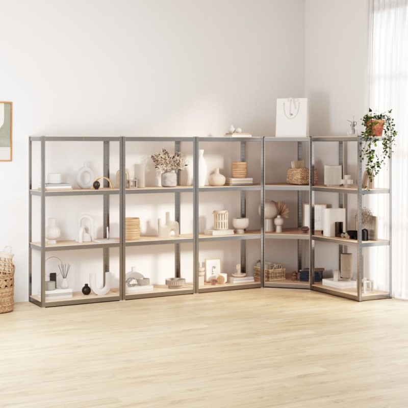 vidaXL Regale mit 4 Böden 5 Stk. Silbern Stahl & Holzwerkstoff vidaXL Regale mit 4 Böden 5 Stk. Silbern Stahl & Holzwerkstoff