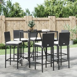 vidaXL 7-tlg. Gartenbar-Set mit Kissen Schwarz Poly Rattan