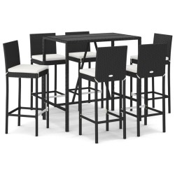 vidaXL 7-tlg. Gartenbar-Set mit Kissen Schwarz Poly Rattan