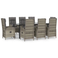vidaXL 9-tlg. Garten-Essgruppe mit Kissen Schwarz und Grau Poly Rattan