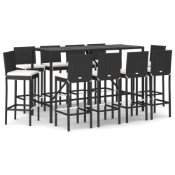 vidaXL 11-tlg. Gartenbar-Set mit Kissen Schwarz Poly Rattan