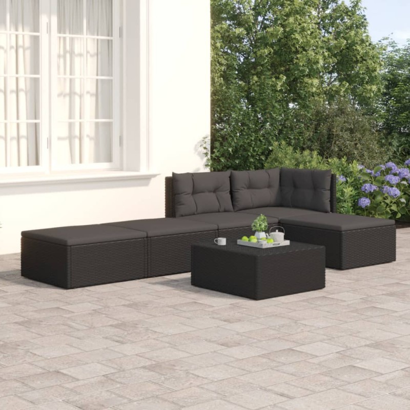 vidaXL 5-tlg. Garten-Lounge-Set mit Kissen Schwarz Poly Rattan vidaXL 5-tlg. Garten-Lounge-Set mit Kissen Schwarz Poly Rattan