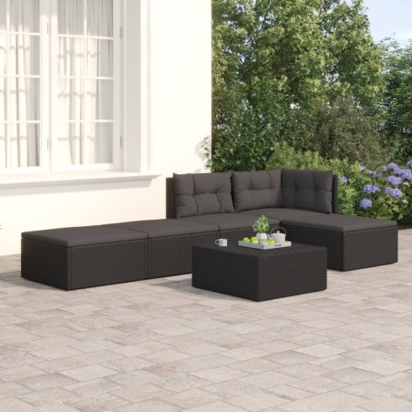 vidaXL 5-tlg. Garten-Lounge-Set mit Kissen Schwarz Poly Rattan