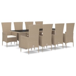 vidaXL 9-tlg. Garten-Essgruppe mit Kissen Beige Poly Rattan