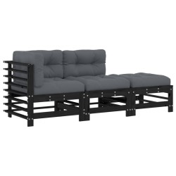 vidaXL 3-tlg. Garten-Lounge-Set mit Kissen Schwarz Massivholz