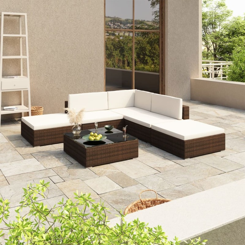 vidaXL 6-tlg. Garten-Lounge-Set mit Auflagen Poly Rattan Braun vidaXL 6-tlg. Garten-Lounge-Set mit Auflagen Poly Rattan Braun