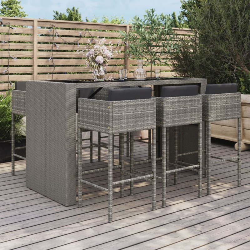 vidaXL 7-tlg. Gartenbar-Set mit Kissen Grau Poly Rattan vidaXL 7-tlg. Gartenbar-Set mit Kissen Grau Poly Rattan