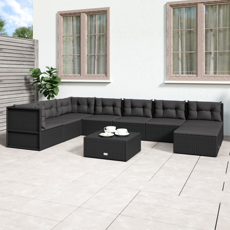 vidaXL 8-tlg. Garten-Lounge-Set mit Kissen Schwarz Poly Rattan vidaXL 8-tlg. Garten-Lounge-Set mit Kissen Schwarz Poly Rattan