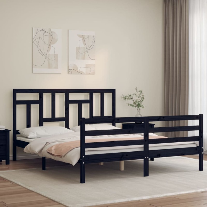 vidaXL Massivholzbett mit Kopfteil Schwarz 160x200 cm vidaXL Massivholzbett mit Kopfteil Schwarz 160x200 cm