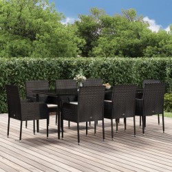 vidaXL 9-tlg. Garten-Essgruppe mit Kissen Schwarz Poly Rattan