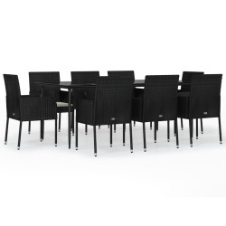 vidaXL 9-tlg. Garten-Essgruppe mit Kissen Schwarz Poly Rattan