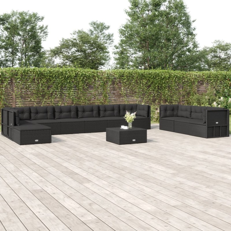 vidaXL 11-tlg. Garten-Lounge-Set mit Kissen Schwarz Poly Rattan vidaXL 11-tlg. Garten-Lounge-Set mit Kissen Schwarz Poly Rattan
