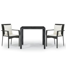 vidaXL 3-tlg. Garten-Essgruppe mit Kissen Schwarz Poly Rattan
