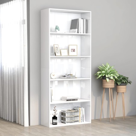vidaXL Bücherregal 5 Fächer Hochglanz-Weiß 80x30x189 cm Holzwerkstoff