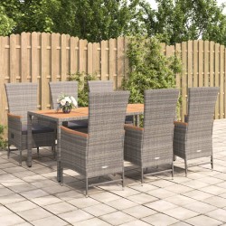 vidaXL 7-tlg. Garten-Essgruppe mit Kissen Grau Poly Rattan