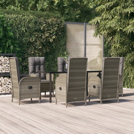 vidaXL 7-tlg. Garten-Essgruppe mit Kissen Schwarz und Grau Poly Rattan
