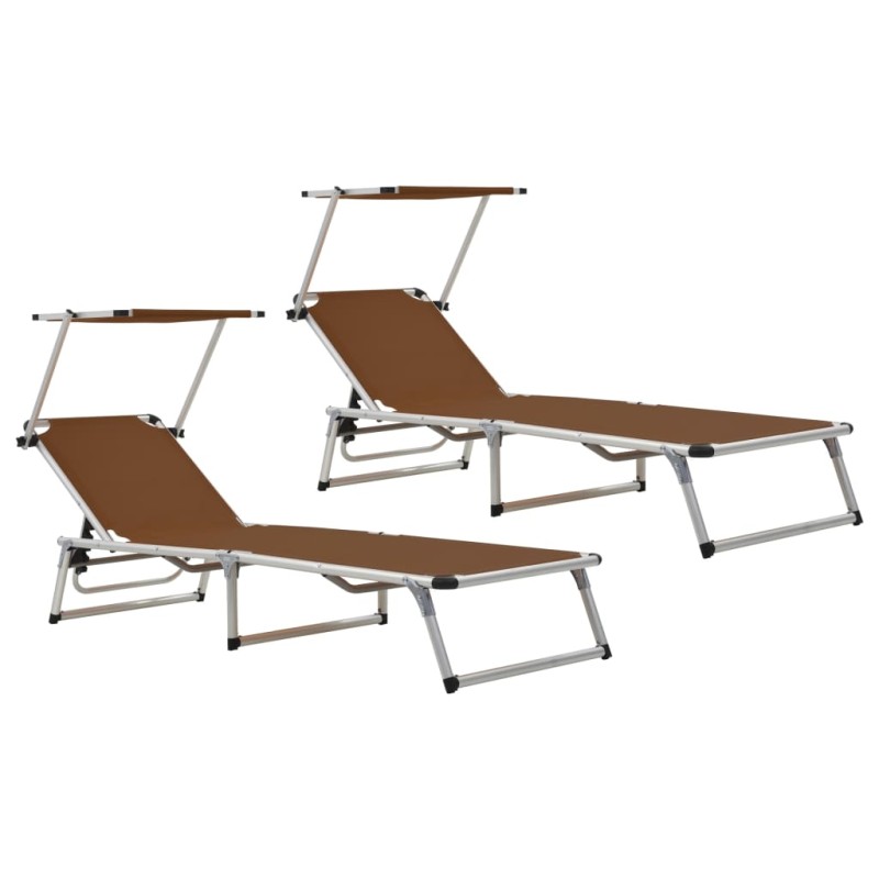 vidaXL Klappbare Sonnenliegen mit Dach 2 Stk. Alu Textilene Braun vidaXL Klappbare Sonnenliegen mit Dach 2 Stk. Alu Textilene Braun