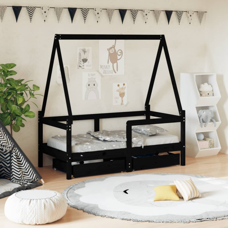 vidaXL Kinderbett mit Schubladen Schwarz 70x140 cm Massivholz Kiefer vidaXL Kinderbett mit Schubladen Schwarz 70x140 cm Massivholz Kiefer