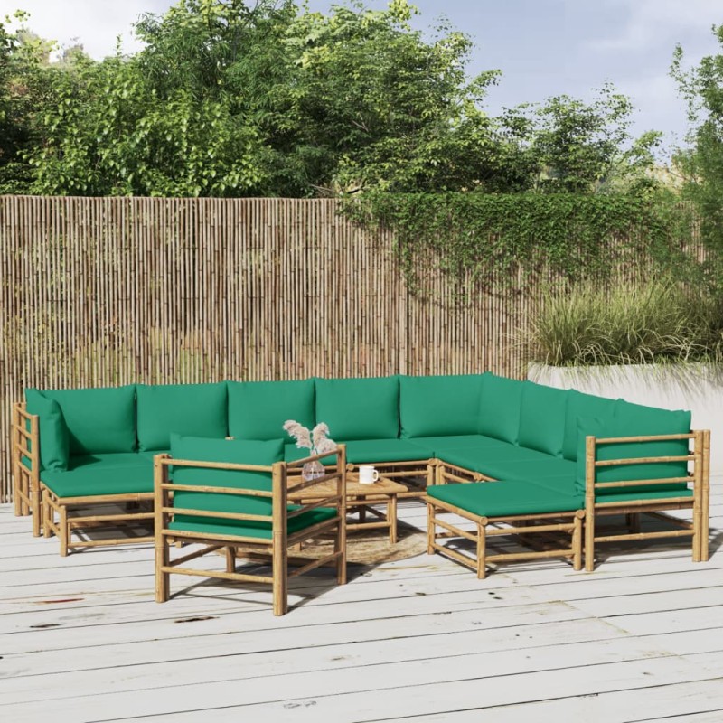 vidaXL 12-tlg. Garten-Lounge-Set mit Grünen Kissen Bambus vidaXL 12-tlg. Garten-Lounge-Set mit Grünen Kissen Bambus
