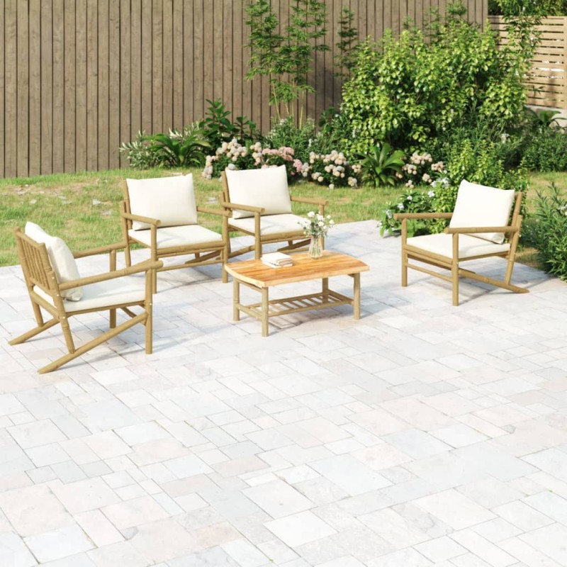 vidaXL 5-tlg. Garten-Lounge-Set mit Cremeweißen Kissen Bambus vidaXL 5-tlg. Garten-Lounge-Set mit Cremeweißen Kissen Bambus