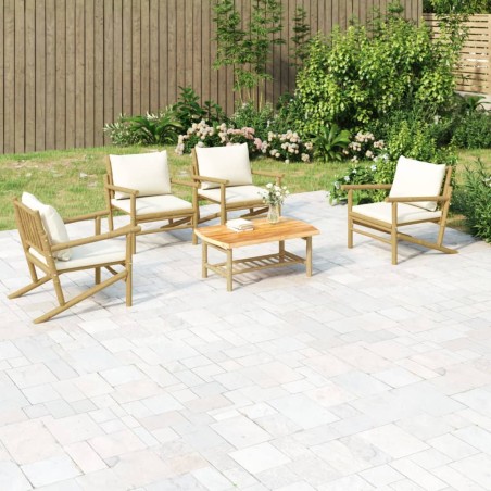 vidaXL 5-tlg. Garten-Lounge-Set mit Cremeweißen Kissen Bambus