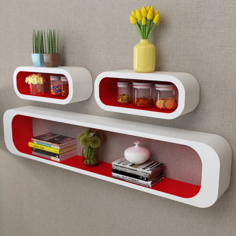 3er Set MDF Hängeregal Cube Regal Wandregal für Bücher/DVD, weiß-rot 3er Set MDF Hängeregal Cube Regal Wandregal für Bücher/DVD, weiß-rot