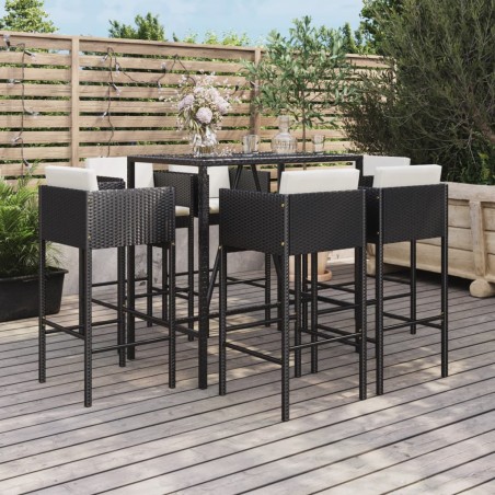 vidaXL 7-tlg. Gartenbar-Set mit Kissen Schwarz Poly Rattan