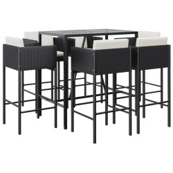 vidaXL 7-tlg. Gartenbar-Set mit Kissen Schwarz Poly Rattan