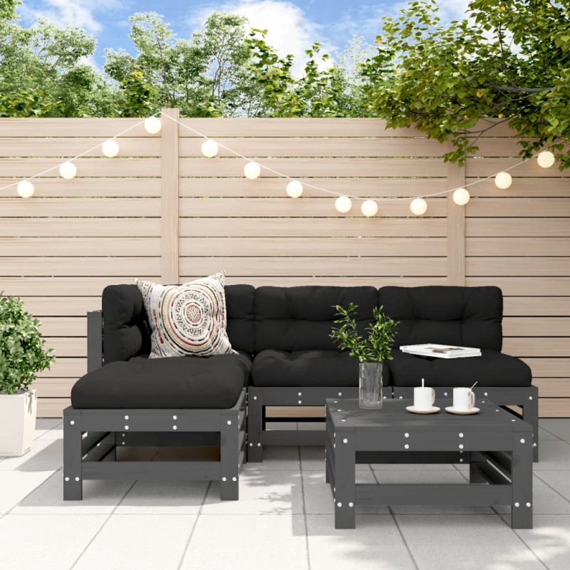 vidaXL 5-tlg. Garten-Lounge-Set mit Kissen Grau Massivholz vidaXL 5-tlg. Garten-Lounge-Set mit Kissen Grau Massivholz