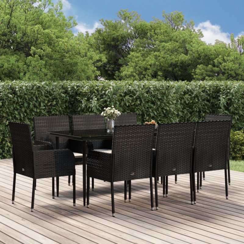 vidaXL 9-tlg. Garten-Essgruppe mit Kissen Schwarz Poly Rattan vidaXL 9-tlg. Garten-Essgruppe mit Kissen Schwarz Poly Rattan