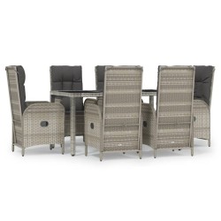 vidaXL 7-tlg. Garten-Essgruppe mit Kissen Grau Poly Rattan