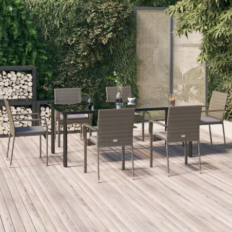vidaXL 7-tlg. Garten-Essgruppe mit Kissen Schwarz und Grau Poly Rattan