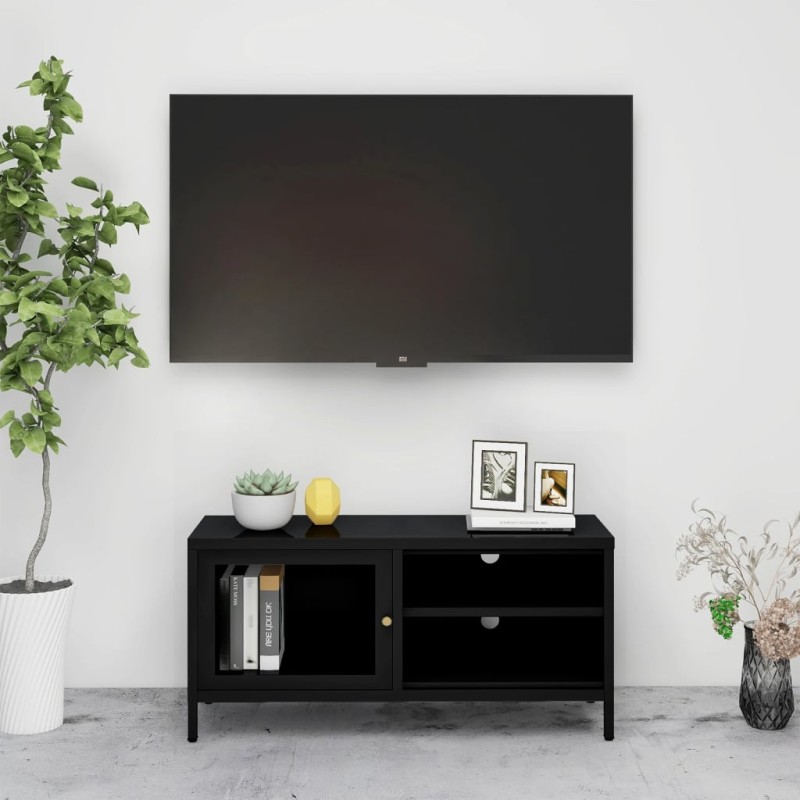 vidaXL TV-Schrank Schwarz 90x30x44 cm Stahl und Glas vidaXL TV-Schrank Schwarz 90x30x44 cm Stahl und Glas