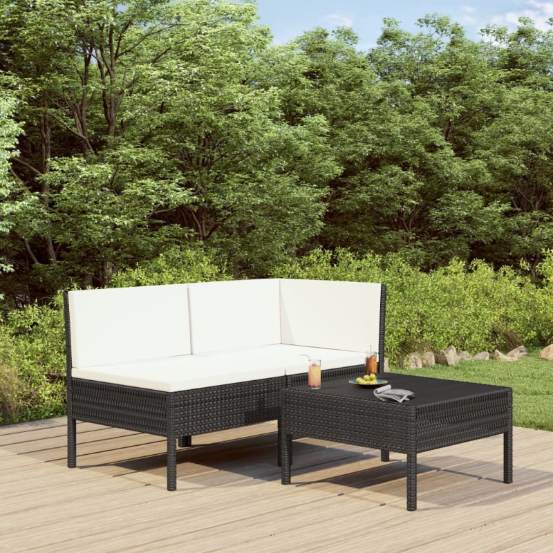 3-tlg. Garten-Lounge-Set mit Auflagen Poly Rattan Schwarz 3-tlg. Garten-Lounge-Set mit Auflagen Poly Rattan Schwarz