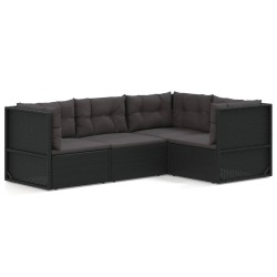 vidaXL 4-tlg. Garten-Lounge-Set mit Kissen Schwarz Poly Rattan