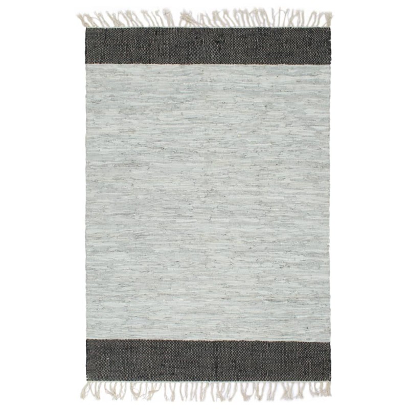 vidaXL Handgewebter Chindi-Teppich Leder 190x280 cm Hellgrau Schwarz vidaXL Handgewebter Chindi-Teppich Leder 190x280 cm Hellgrau Schwarz